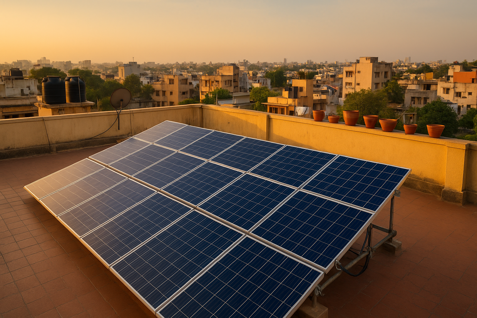 Rooftop solar panels on a residential terrace in India